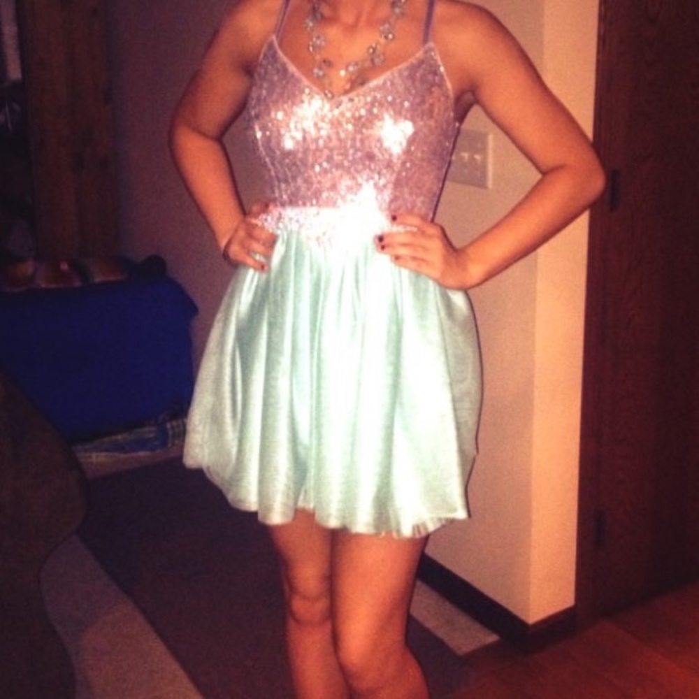 Short teal and silver homecoming dress